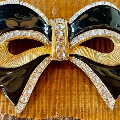 1980's 4 Inch Black Enamel - Gold Tone & Rhinestone Bow Pin 