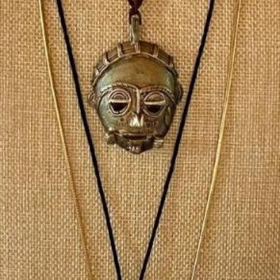 (4) Vintage Statement Necklaces - Stone Disk - Brass Mask  - Anne Klein Black & Gold - Silver Tone Snail 