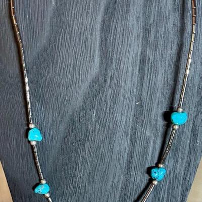 Vintage Chunk  Turquoise & Hematite Bead 16 Inch Necklace  