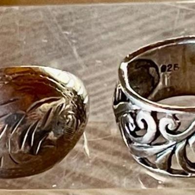 (2) Sterling Silver 925 Vintage Rings - Pierced Scroll & Etched Dome - Both Size 6.5 - Total Weight 8.91 Grams
