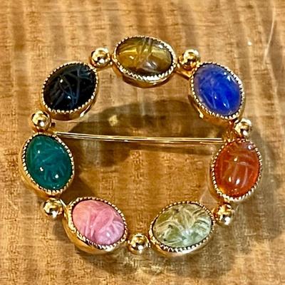 Vintage Scarab Carved Stone Gold Tone Pin Lapis - Carnelian - Onyx  - Tigers Eye