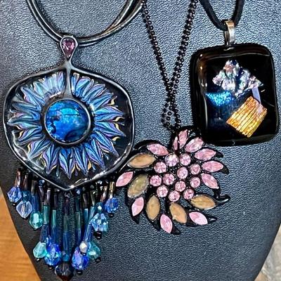 (3) Pendant Necklaces - Chico's Enamel - Pink Rhinestone & Art Glass 