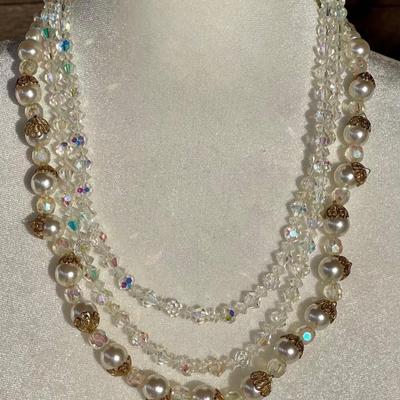 Vintage Austrian Crystal Double Strand 22 Inch Necklace & Vintage Faux Pearl & Faux Crystal 22 Inch Necklace 