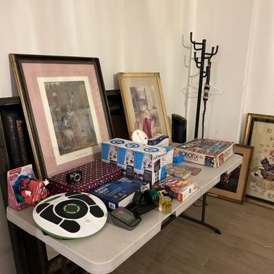 Sewing supplies, random electronics, tripod, games, art
