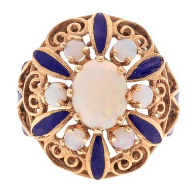 Opal, Enamel, 14k Yellow Gold Ring