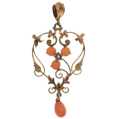 Edwardian Coral, Seed Pearl, 9k Lavaliere