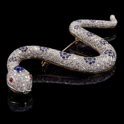 Vintage Diamond, Sapphire, Ruby, 18k Snake Brooch