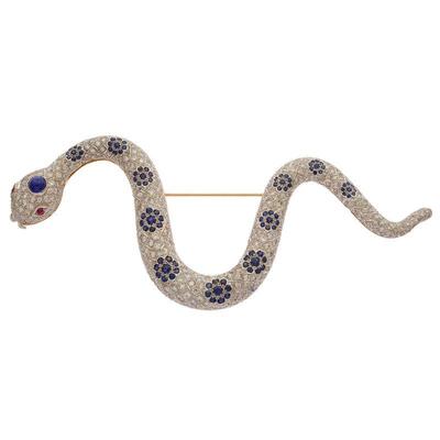 Vintage Diamond, Sapphire, Ruby, 18k Snake Brooch