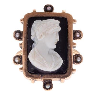 Hardstone Cameo, Seed Pearl, 14k Rose Gold Ring