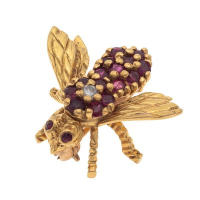Diamond, Ruby, 18k Yellow Gold Bee Pin, Herbert Rosenthal