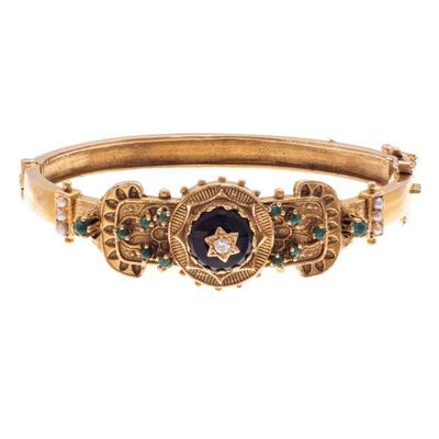 Victorian Revival Diamond, Onyx, 14k Yellow Gold Bracelet