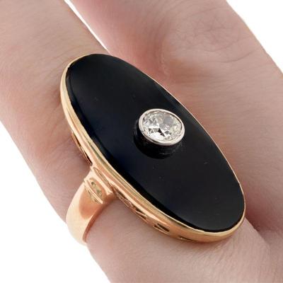 Art Deco Diamond, Onyx, 10k Yellow Gold Ring