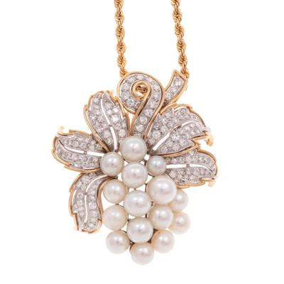 Diamond, Cultured Pearl, 14k Pin Pendant