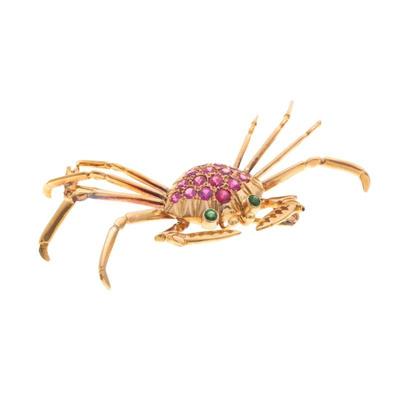 Ruby, Emerald, 18k Yellow Gold Crab Pin