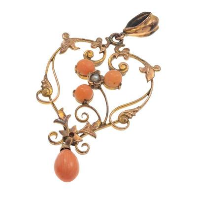 Edwardian Coral, Seed Pearl, 9k Lavaliere