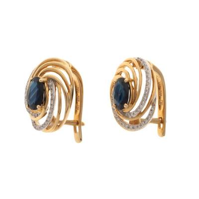 Pair of Sapphire, Diamond, 14k Yellow Gold Earrings