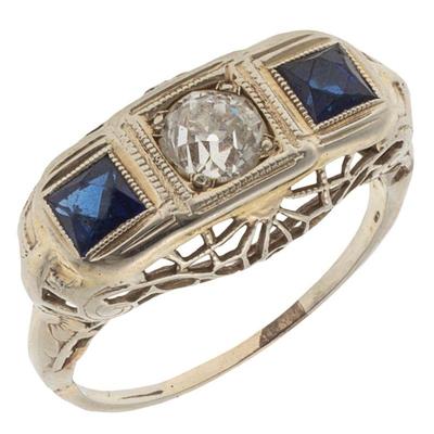 Art Deco Diamond, Synthetic Sapphire, 18k White Gold Ring