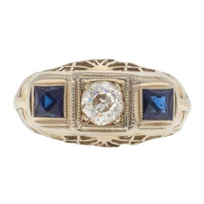 Art Deco Diamond, Synthetic Sapphire, 18k White Gold Ring