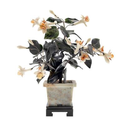 Pair Chinese Hardstone and Jadeite Flowers in Jardinières
