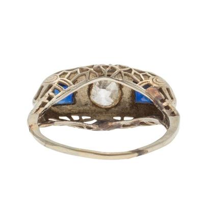 Art Deco Diamond, Synthetic Sapphire, 18k White Gold Ring