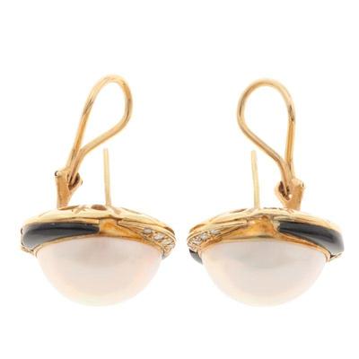 Pair of Mabe Pearl, Diamond, Onyx, 14k Ear Clips