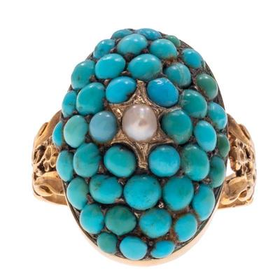 Victorian Turquoise, Seed Pearl, 15k Yellow Gold Ring