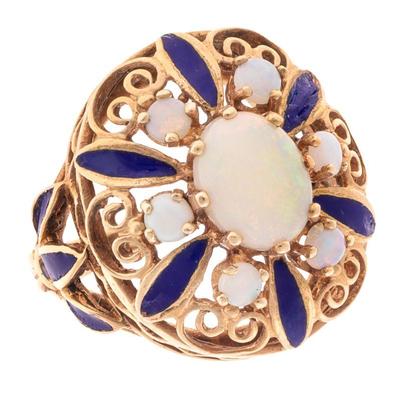 Opal, Enamel, 14k Yellow Gold Ring