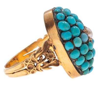 Victorian Turquoise, Seed Pearl, 15k Yellow Gold Ring