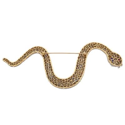 Vintage Diamond, Sapphire, Ruby, 18k Snake Brooch