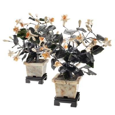 Pair Chinese Hardstone and Jadeite Flowers in Jardinières