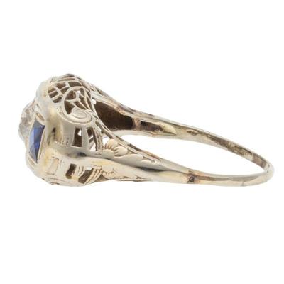 Art Deco Diamond, Synthetic Sapphire, 18k White Gold Ring