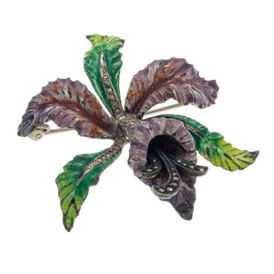 Silver, Enamel, Marcasite Orchid Pin Pendant