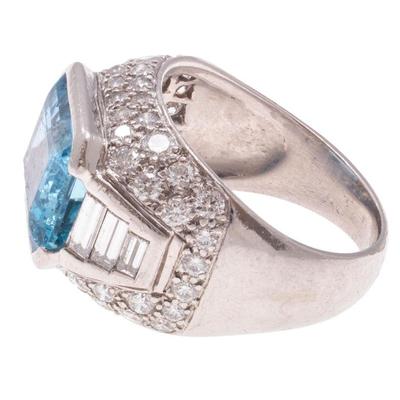 Aquamarine, Diamond, Platinum Ring