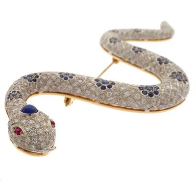 Vintage Diamond, Sapphire, Ruby, 18k Snake Brooch