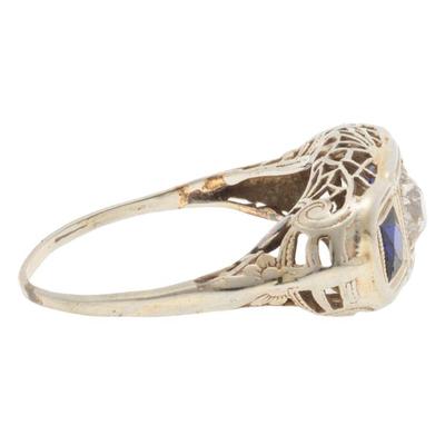 Art Deco Diamond, Synthetic Sapphire, 18k White Gold Ring