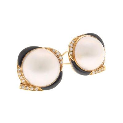 Pair of Mabe Pearl, Diamond, Onyx, 14k Ear Clips