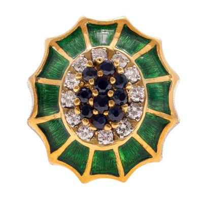 Diamond, Sapphire, Enamel, 18k Yellow Gold Ring