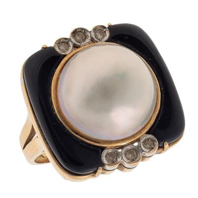 Diamond, Mabe Pearl, Onyx, 14k Yellow Gold Ring