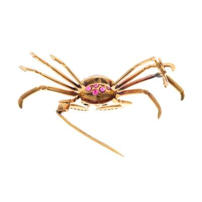 Ruby, Emerald, 18k Yellow Gold Crab Pin