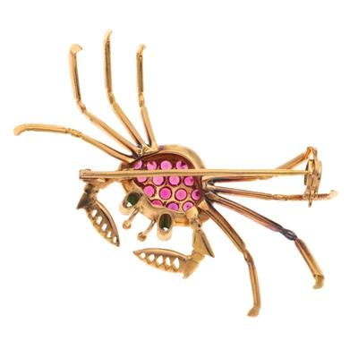 Ruby, Emerald, 18k Yellow Gold Crab Pin