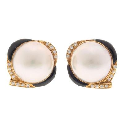Pair of Mabe Pearl, Diamond, Onyx, 14k Ear Clips