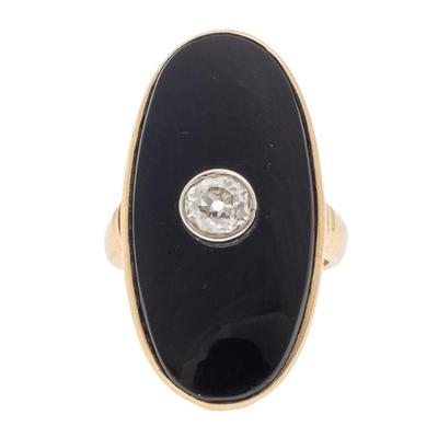 Art Deco Diamond, Onyx, 10k Yellow Gold Ring