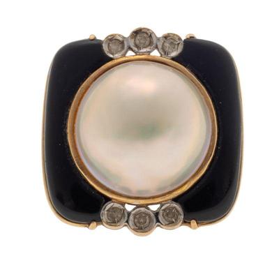 Diamond, Mabe Pearl, Onyx, 14k Yellow Gold Ring