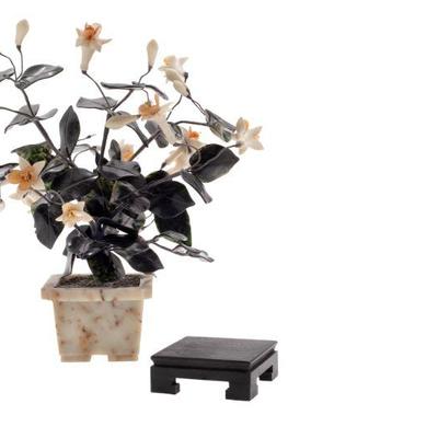 Pair Chinese Hardstone and Jadeite Flowers in Jardinières
