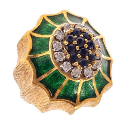 Diamond, Sapphire, Enamel, 18k Yellow Gold Ring