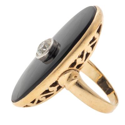 Art Deco Diamond, Onyx, 10k Yellow Gold Ring