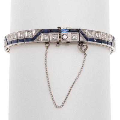Art Deco Diamond, Synthetic Sapphire, Platinum Bracelet