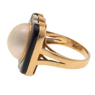 Diamond, Mabe Pearl, Onyx, 14k Yellow Gold Ring