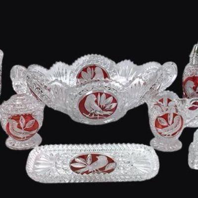 LUGR202 Vintage Hofbaur Byrnes Ruby Red Footed Crystal Set	Vintage Hofbaur Byrnes Ruby Red Footed Crystal Set
