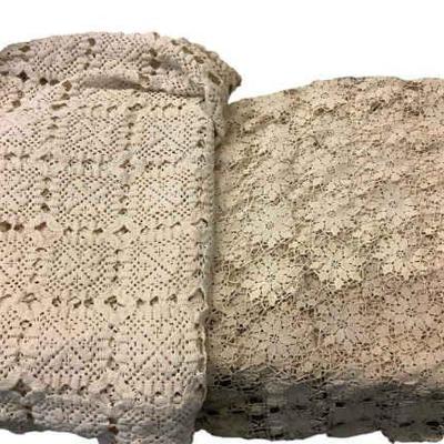 LUGR708 Vintage Handmade Lace Tablecloths	The fine crocheted flower print is tow tone & measures approximately 78" x 73"....